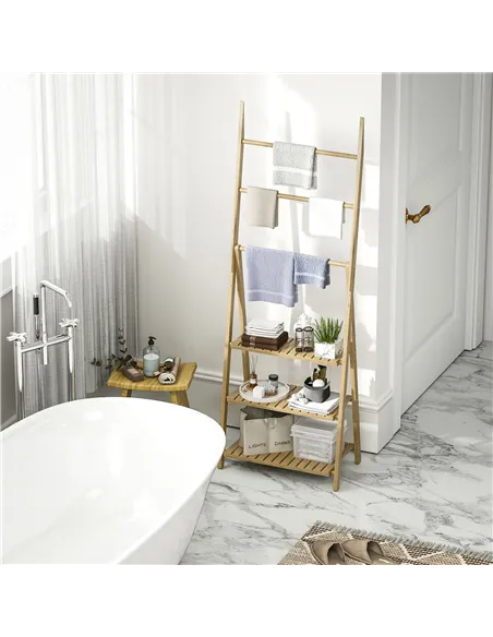 HOMCOM Three-Shelf Bamboo Storage Unit, with Towel Racks - Natural Finish