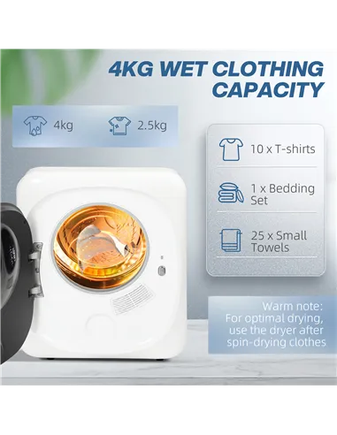 HOMCOM 4kg Vented Tumble Dryer with Deodorize, Smart Mode, 800W Compact Tumble Dryer with Stainless Steel Tub, Front Load, for F