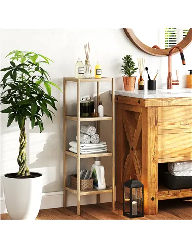 HOMCOM Four-Tier Bamboo Bathroom Shelf - Natural Finish