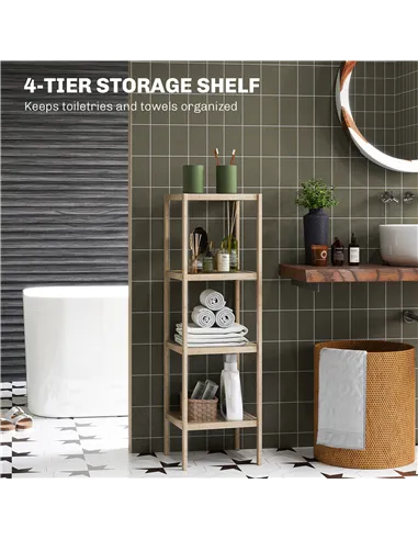 HOMCOM Four-Tier Bamboo Bathroom Shelf - Natural Finish