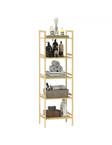 HOMCOM 5-Tier Bamboo Bathroom Storage Shelf, Freestanding Shelving Unit with Adjustable Rack for Kitchen Bathroom Living Room, N