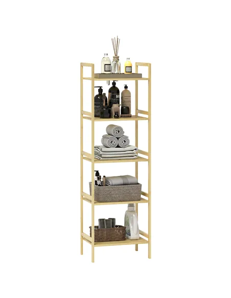 HOMCOM 5-Tier Bamboo Bathroom Storage Shelf, Freestanding Shelving Unit with Adjustable Rack for Kitchen Bathroom Living Room, N