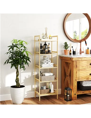 HOMCOM 5-Tier Bamboo Bathroom Storage Shelf, Freestanding Shelving Unit with Adjustable Rack for Kitchen Bathroom Living Room, N