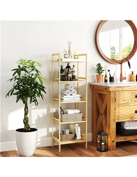 HOMCOM 5-Tier Bamboo Bathroom Storage Shelf, Freestanding Shelving Unit with Adjustable Rack for Kitchen Bathroom Living Room, N
