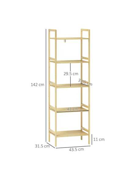 HOMCOM 5-Tier Bamboo Bathroom Storage Shelf, Freestanding Shelving Unit with Adjustable Rack for Kitchen Bathroom Living Room, N