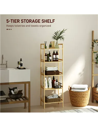 HOMCOM 5-Tier Bamboo Bathroom Storage Shelf, Freestanding Shelving Unit with Adjustable Rack for Kitchen Bathroom Living Room, N