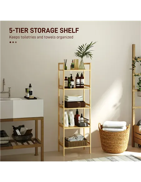 HOMCOM 5-Tier Bamboo Bathroom Storage Shelf, Freestanding Shelving Unit with Adjustable Rack for Kitchen Bathroom Living Room, N