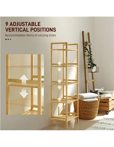 HOMCOM 5-Tier Bamboo Bathroom Storage Shelf, Freestanding Shelving Unit with Adjustable Rack for Kitchen Bathroom Living Room, N