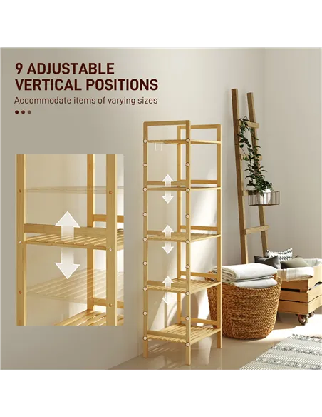 HOMCOM 5-Tier Bamboo Bathroom Storage Shelf, Freestanding Shelving Unit with Adjustable Rack for Kitchen Bathroom Living Room, N