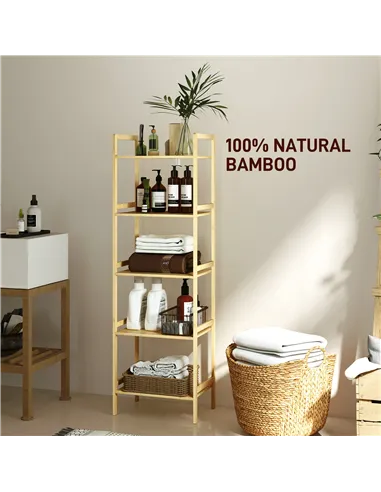 HOMCOM 5-Tier Bamboo Bathroom Storage Shelf, Freestanding Shelving Unit with Adjustable Rack for Kitchen Bathroom Living Room, N