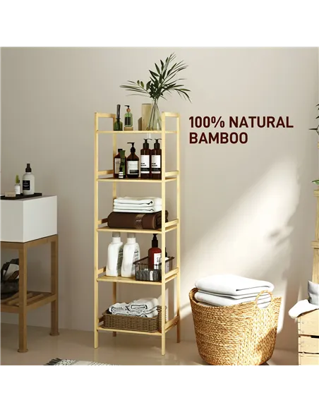 HOMCOM 5-Tier Bamboo Bathroom Storage Shelf, Freestanding Shelving Unit with Adjustable Rack for Kitchen Bathroom Living Room, N