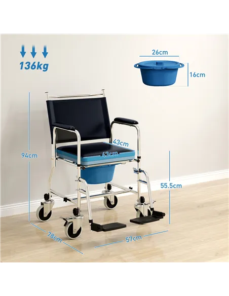 HOMCOM 3-In-1 Commode Wheelchair - Black