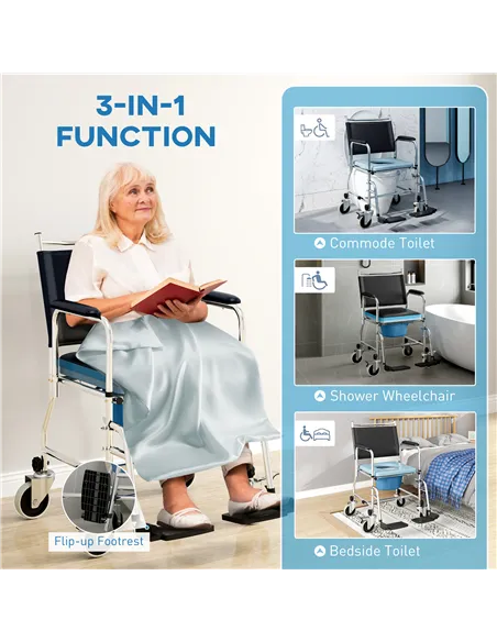 HOMCOM 3-In-1 Commode Wheelchair - Black