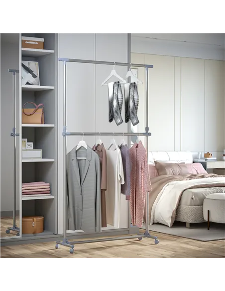 HOMCOM Heavy Duty Clothes Hanger Garment Rail Hanging Display Stand Rack w/ Wheels Adjustable