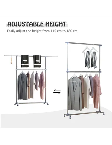 HOMCOM Heavy Duty Clothes Hanger Garment Rail Hanging Display Stand Rack w/ Wheels Adjustable