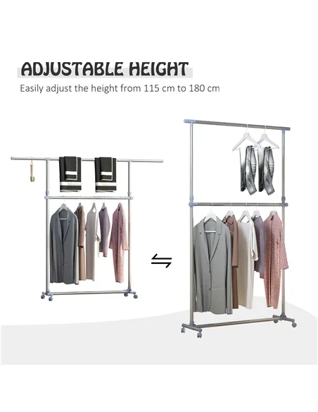 HOMCOM Heavy Duty Clothes Hanger Garment Rail Hanging Display Stand Rack w/ Wheels Adjustable