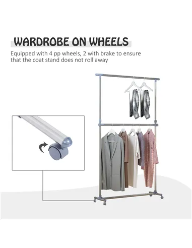 HOMCOM Heavy Duty Clothes Hanger Garment Rail Hanging Display Stand Rack w/ Wheels Adjustable