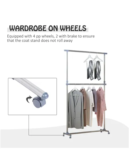 HOMCOM Heavy Duty Clothes Hanger Garment Rail Hanging Display Stand Rack w/ Wheels Adjustable