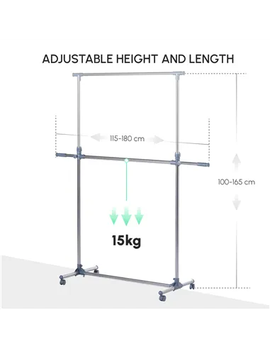 HOMCOM Heavy Duty Clothes Hanger Garment Rail Hanging Display Stand Rack w/ Wheels Adjustable