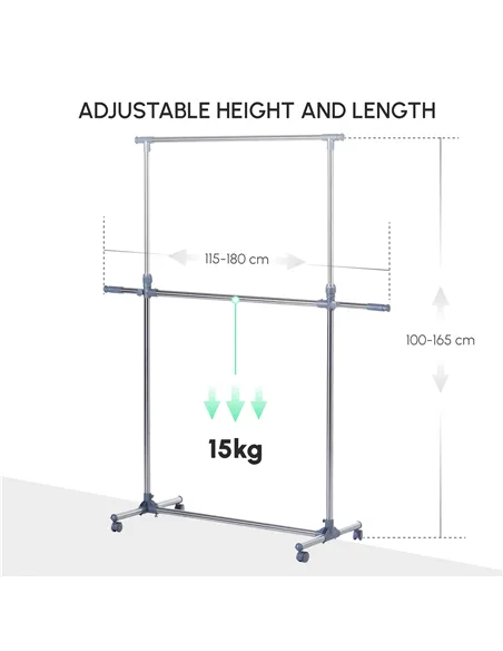 HOMCOM Heavy Duty Clothes Hanger Garment Rail Hanging Display Stand Rack w/ Wheels Adjustable
