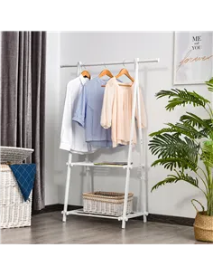 HOMCOM Minimalist Foldable Adjustable Clothes Rack Hanger w/ 2 shelves 107.5L x 45W x 150H cm Hallway Entryway Furniture - White 2