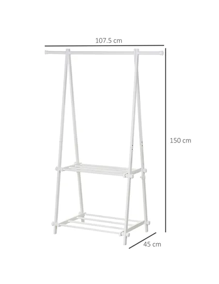 HOMCOM Minimalist Foldable Adjustable Clothes Rack Hanger w/ 2 shelves 107.5L x 45W x 150H cm Hallway Entryway Furniture - White