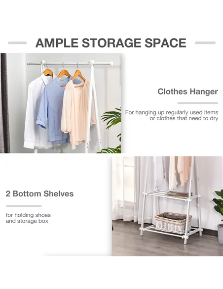 HOMCOM Minimalist Foldable Adjustable Clothes Rack Hanger w/ 2 shelves 107.5L x 45W x 150H cm Hallway Entryway Furniture - White