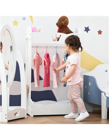 HOMCOM Kids Clothes Rail Wooden Hanging Rack with Storage Shelves Children Garment Freestanding Wardrobe for 3-8 Years Toddler, 