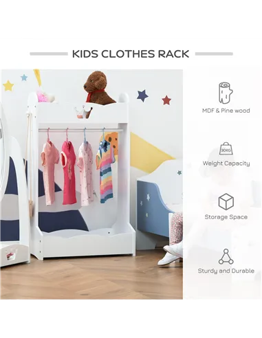 HOMCOM Kids Clothes Rail Wooden Hanging Rack with Storage Shelves Children Garment Freestanding Wardrobe for 3-8 Years Toddler, 