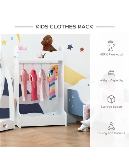 HOMCOM Kids Clothes Rail Wooden Hanging Rack with Storage Shelves Children Garment Freestanding Wardrobe for 3-8 Years Toddler, 