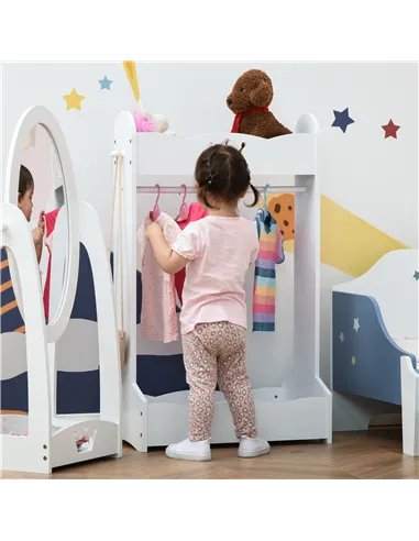 HOMCOM Kids Clothes Rail Wooden Hanging Rack with Storage Shelves Children Garment Freestanding Wardrobe for 3-8 Years Toddler, 
