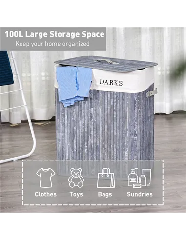 HOMCOM 100L Collapsible Natural Wood  Laundry Hamper Organizer Clothes Washing Basket Bin Storage Box w/Lid Removable Lining 52x