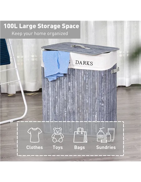 HOMCOM 100L Collapsible Natural Wood  Laundry Hamper Organizer Clothes Washing Basket Bin Storage Box w/Lid Removable Lining 52x
