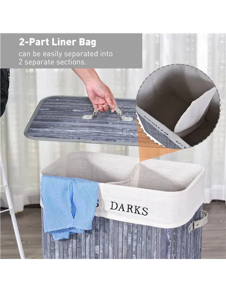 HOMCOM 100L Collapsible Natural Wood  Laundry Hamper Organizer Clothes Washing Basket Bin Storage Box w/Lid Removable Lining 52x