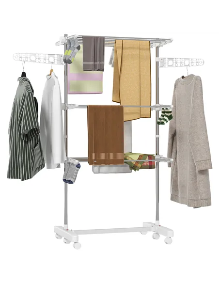 HOMCOM 3-Tier Clothes Airer, Stainless Steel Foldable Clothes Drying Rack with Wheels and Wings, Indoor and Outdoor, Easy Assemb