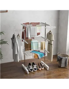 HOMCOM 3-Tier Clothes Airer, Stainless Steel Foldable Clothes Drying Rack with Wheels and Wings, Indoor and Outdoor, Easy Assemb 2