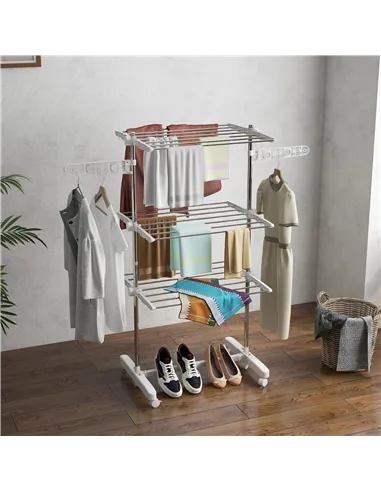 HOMCOM 3-Tier Clothes Airer, Stainless Steel Foldable Clothes Drying Rack with Wheels and Wings, Indoor and Outdoor, Easy Assemb