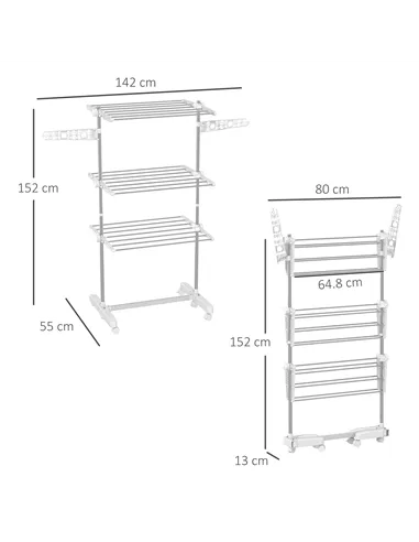 HOMCOM 3-Tier Clothes Airer, Stainless Steel Foldable Clothes Drying Rack with Wheels and Wings, Indoor and Outdoor, Easy Assemb