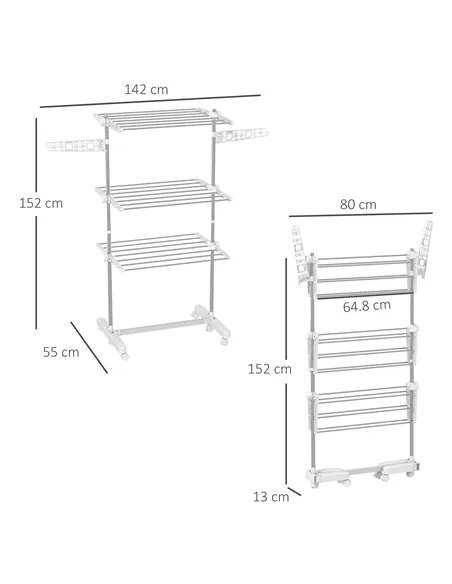 HOMCOM 3-Tier Clothes Airer, Stainless Steel Foldable Clothes Drying Rack with Wheels and Wings, Indoor and Outdoor, Easy Assemb