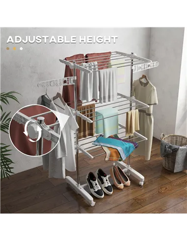 HOMCOM 3-Tier Clothes Airer, Stainless Steel Foldable Clothes Drying Rack with Wheels and Wings, Indoor and Outdoor, Easy Assemb