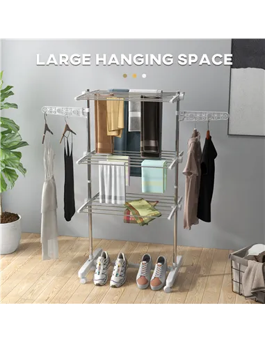 HOMCOM 3-Tier Clothes Airer, Stainless Steel Foldable Clothes Drying Rack with Wheels and Wings, Indoor and Outdoor, Easy Assemb