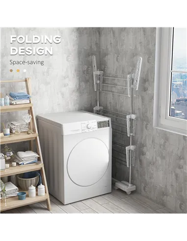 HOMCOM 3-Tier Clothes Airer, Stainless Steel Foldable Clothes Drying Rack with Wheels and Wings, Indoor and Outdoor, Easy Assemb