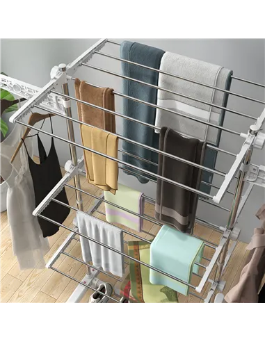HOMCOM 3-Tier Clothes Airer, Stainless Steel Foldable Clothes Drying Rack with Wheels and Wings, Indoor and Outdoor, Easy Assemb