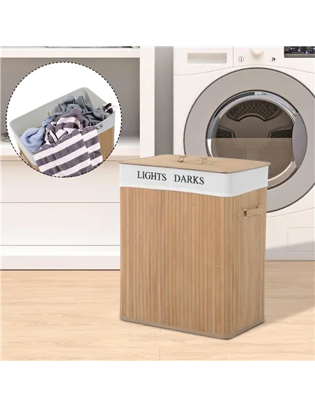 HOMCOM 100L Collapsible Natural Wood  Laundry Hamper Organizer Clothes Washing Basket Bin Storage Box w/Lid Removable Lining 52x