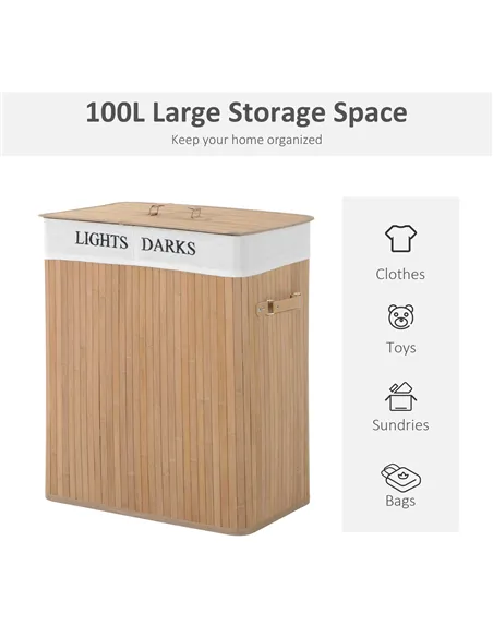 HOMCOM 100L Collapsible Natural Wood  Laundry Hamper Organizer Clothes Washing Basket Bin Storage Box w/Lid Removable Lining 52x