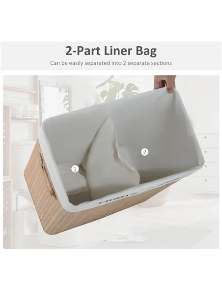 HOMCOM 100L Collapsible Natural Wood  Laundry Hamper Organizer Clothes Washing Basket Bin Storage Box w/Lid Removable Lining 52x