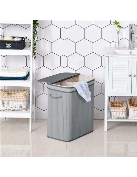 HOMCOM 100L Natural Wood Laundry Basket A Compartment w/Flip Lid Removable Lining Handles Board Base Foldable Durable Water-Resi