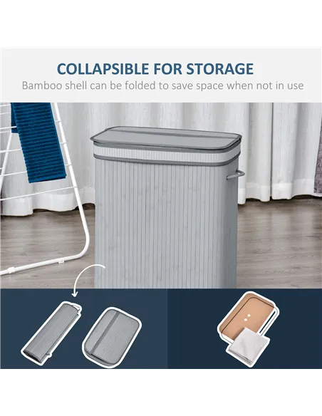HOMCOM 100L Natural Wood Laundry Basket A Compartment w/Flip Lid Removable Lining Handles Board Base Foldable Durable Water-Resi