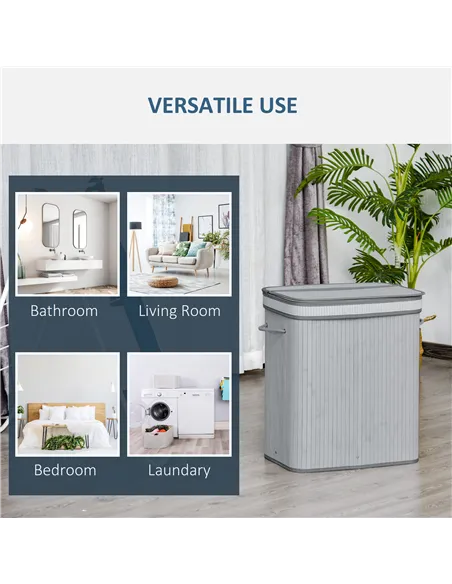 HOMCOM 100L Natural Wood Laundry Basket A Compartment w/Flip Lid Removable Lining Handles Board Base Foldable Durable Water-Resi