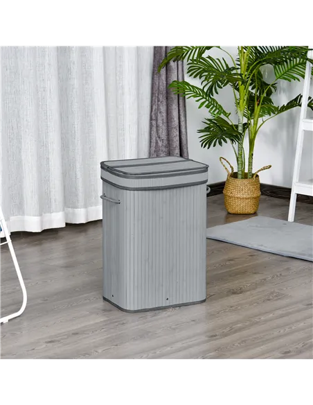 HOMCOM 70L Natural Wood Laundry Basket A Compartment w/Flip Lid Removable Lining Handles Board Base Foldable Durable Water-Resis